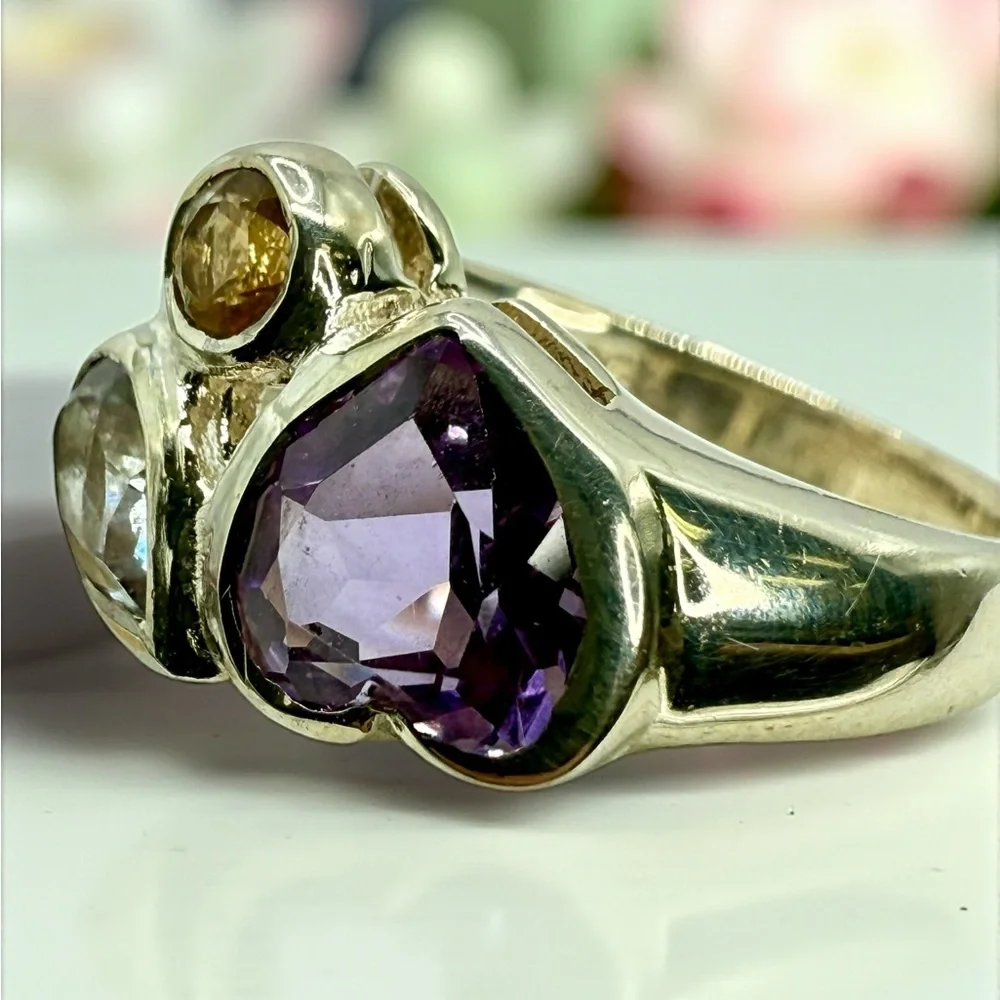 Sterling Silver Multi-Gemstone Ring – Amethyst, Citrine & Topaz – Size 6